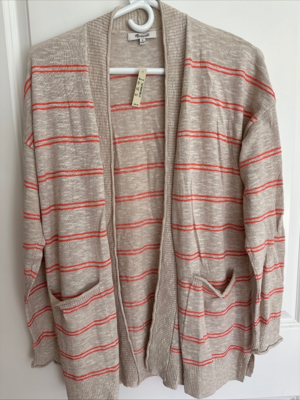 Madewell Oatmeal and Orange NWT striped open front cardigan